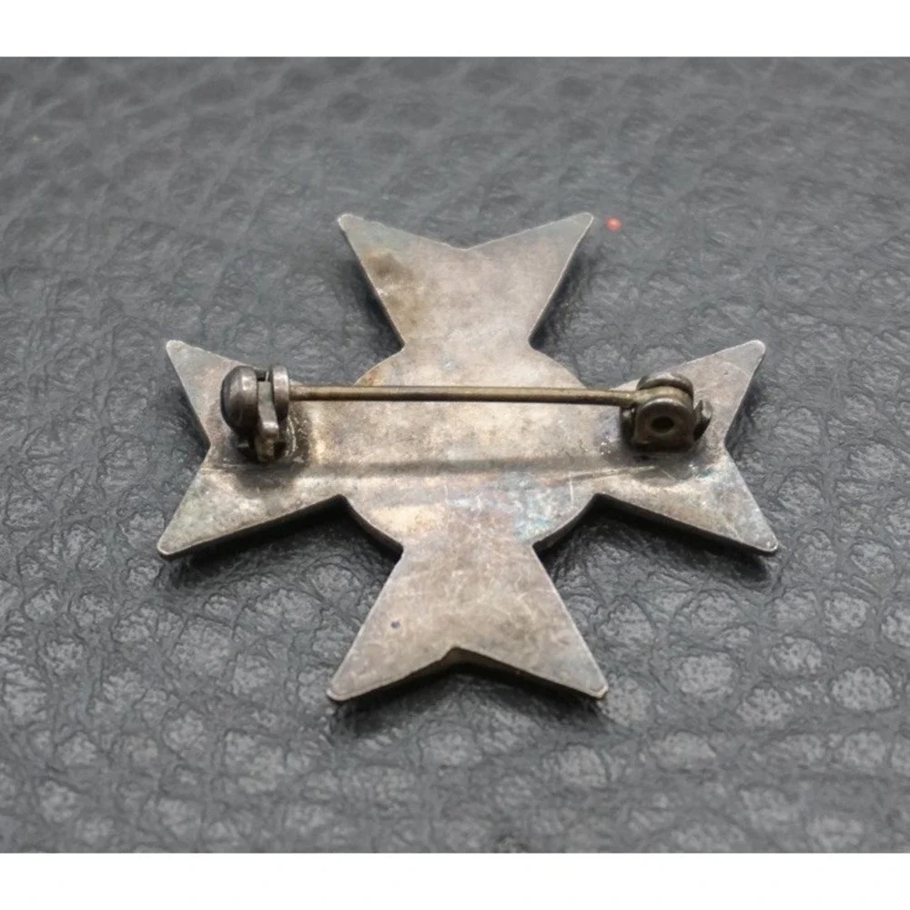 VINTAGE MILITARY CROWN CROSS SHIELD GUILLOCHE ENAMEL BROOCH PIN